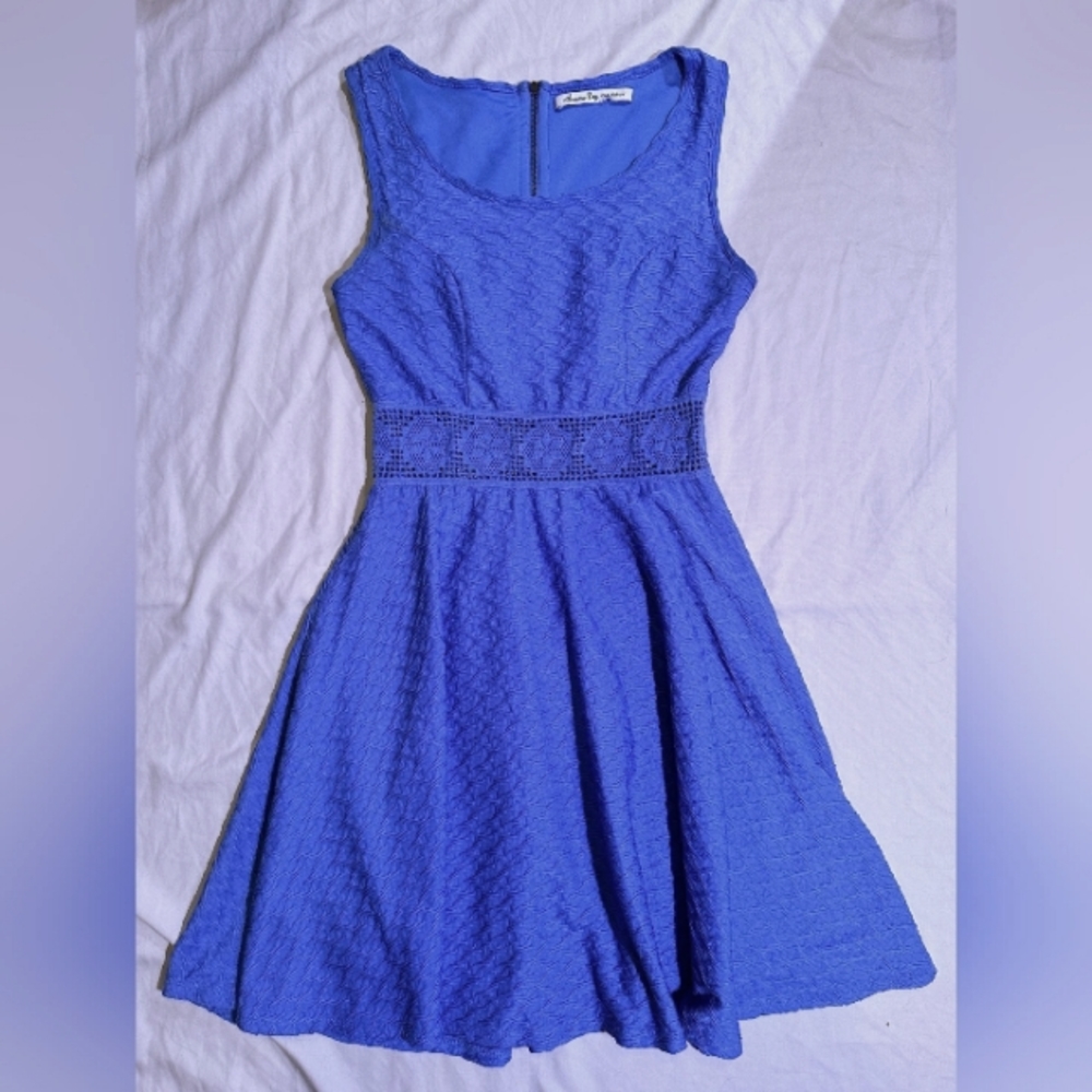 Bare Shoulder Fit and Flare Blue Woven Dress with Wait Detail